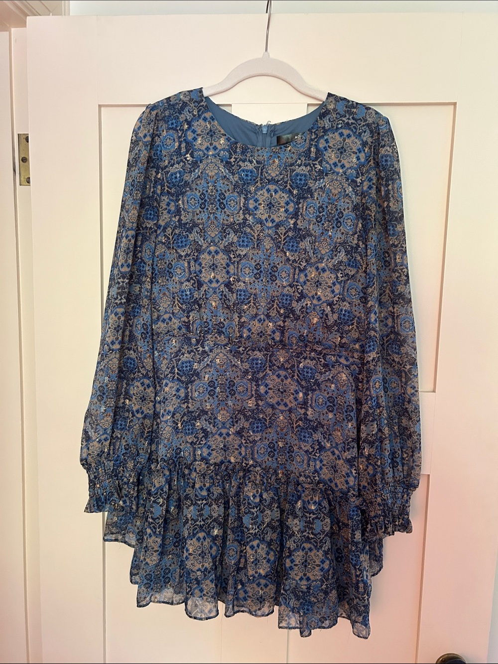 Blue Floral Long-Sleeve Tiered Dress